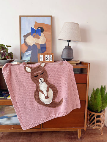Luxury Handmade Mom & Joey Kangaroo Toddler Receiving Blanket, Soft 100% Acrylic Knit Nursery Throw With Gift Box